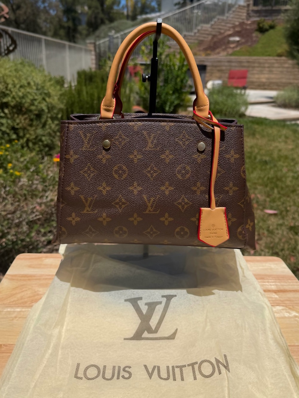 NEW LV Print Classic Brown & Tan Monogram Montaigne BB Satchel